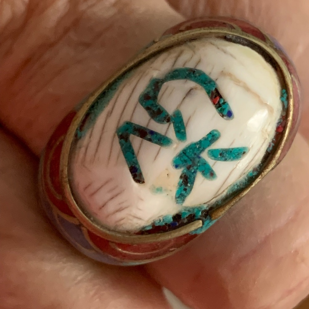 Tibetan OM ring with turquoise, silver, inlaid with other gemstones and silver